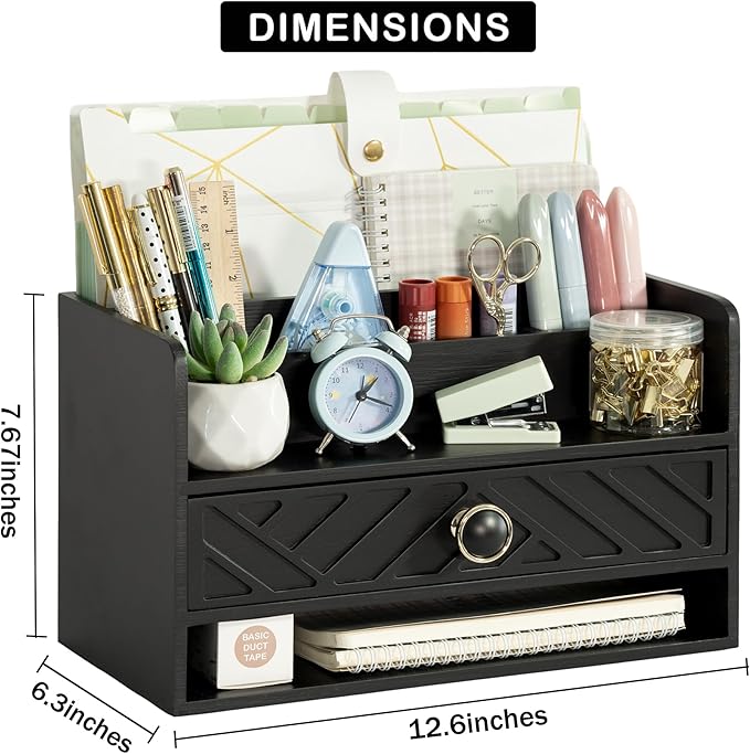 Black Wood Desk Organizer and Accessories with Drawer, Bill Mail Organizer and File Mail Holder for Office Supplies, Desk Accessories & Workspace Organizers for Desk Organization
