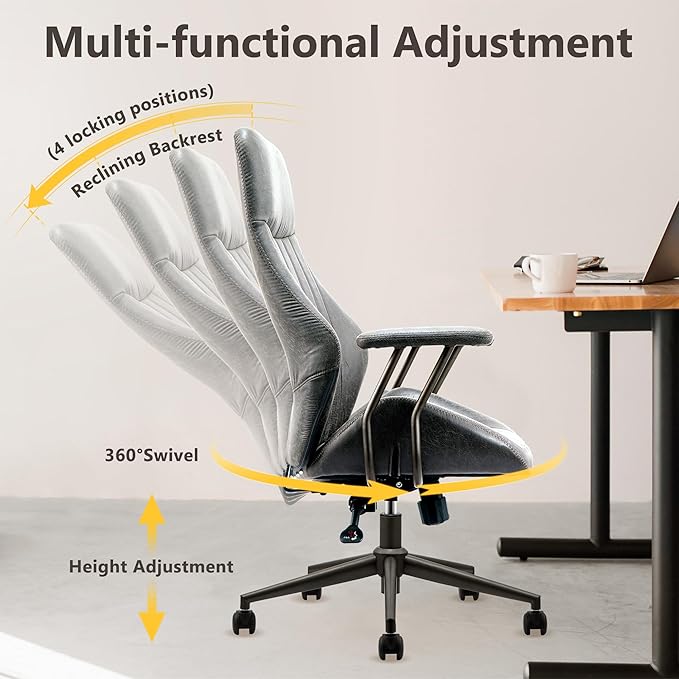 Mid Century Modren Office Chair - High Back Swivel Executive Chair with Lumbar Support,Ergonomic Computer Desk Chair with Wheels,Faux Lether Suede Task Chair,350lbs (Grey, High Back)