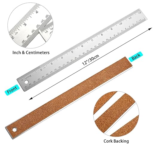 4Pcs 12 Inch Metal Ruler, Stainless Steel Rulers with Cork Backing, Imperial and Metric, Non-Slip Prevent Ink Leakage. for School, Office, Engineering, Drafting Tools