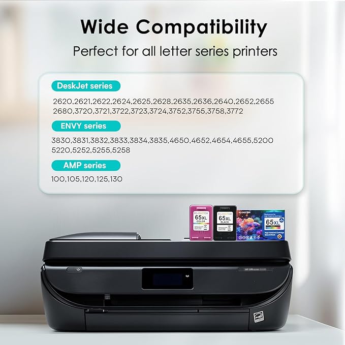 Eco-Friendly Remanufactured Ink Cartridge Replacement for HP Ink 65 XL 65XL Black and Color Combo Pack for 5055 5052 5010 5070 5014 3755 2655 3720 3722 3723 3752 3758 2652 2624 2640 Printer