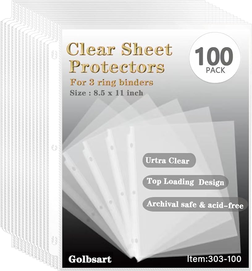 Sheet Protectors 8.5 x11 Inch, 100 Pack Page Protectors for 3 Ring Binder, Top Loading Plastic Sleeves with Reinforced 3-Hole Punch for Binders, Letter Size, for Documents and Photos, Office Supplies.