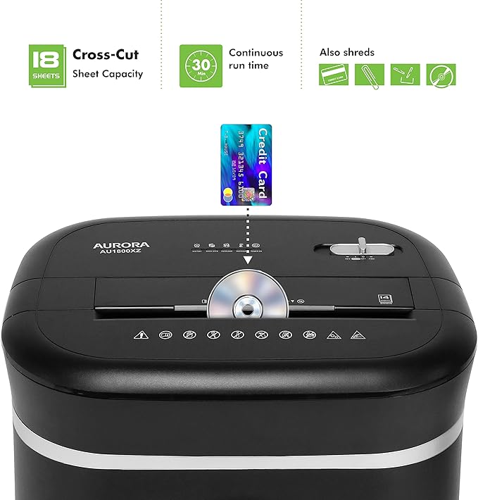Aurora Long Duty Cycle 18-Sheet Crosscut Paper/CD/Credit Card Shredder, AntiJam Feature, 30-Minute Continuous Run Time, Large 6-gal Pullout Basket