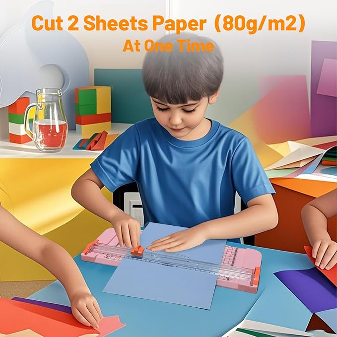 12-Inch A4 Paper Cutter 3-Piece Set with Automatic Safety Guard, Precision Side Ruler, Non-Slip Base – Ideal for Craft Paper Gift Cards Coupons Labels Photos – Durable Pink Trimmer for Home & Office