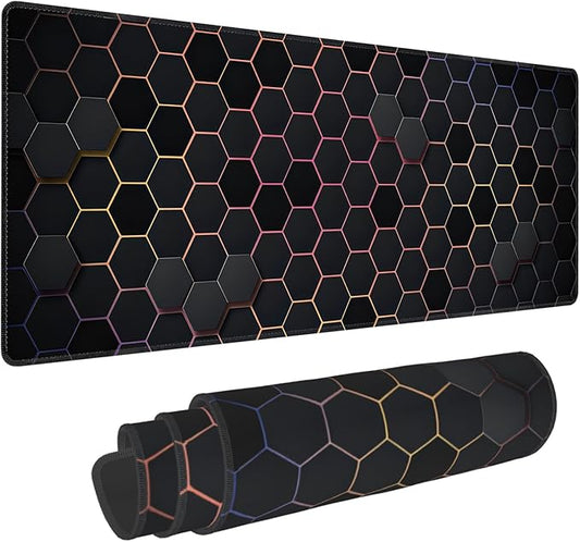 Hexagon Honeycomb Colorful Large Mouse Pad, Gaming Desk Mat, XL Extended Keyboard Desk Pad, 31.5"x11.8" Non-Slip Rubber Base Big Mousepad with Stitched Edges for Home and Office