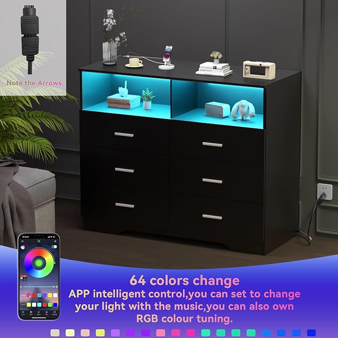 Dresser with Power Outlets and LED Lights Wooden 6 Drawer Dresser with Large Organizer Tall Black Drawer for Bedroom Modern Chest of Drawers Closet for Living Room Kids Room