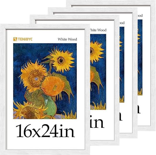 16x24 Poster Frame 4 Pack - White Solid Wood Picture Photo Frame - Woodgrain Series - Room, Office, Gallery, Studio Display - Wall Hanging