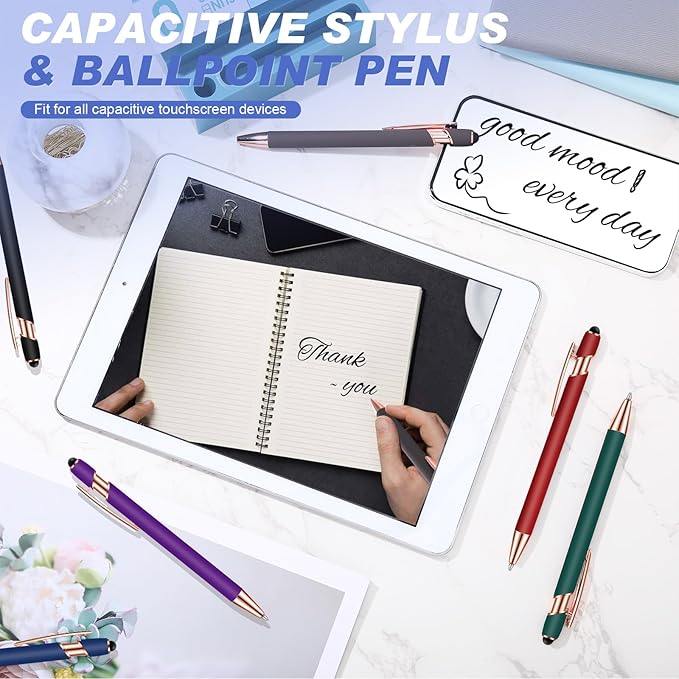 Tenare 12 Pieces 2 in 1 Stylus Metal Ballpoint Pen with Stylus Tip, 1.0 mm Black Ink Ballpoint Pen for Touch Screens(Dark Colors and Rose Gold)