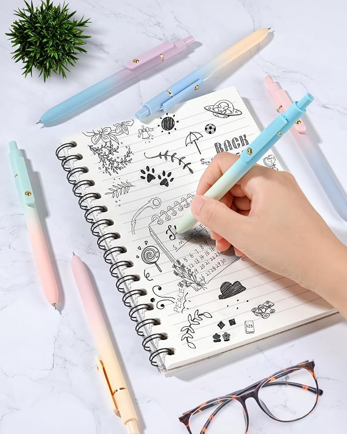 FIOVER Gel Pens, 6 Pcs 0.7mm Comfort Grip Quick Dry Black Ink Pens Fine Point Smooth Writing Pens, Cute Office Back to School Supplies Gifts for Women (6PCS Gradient Black Ink)