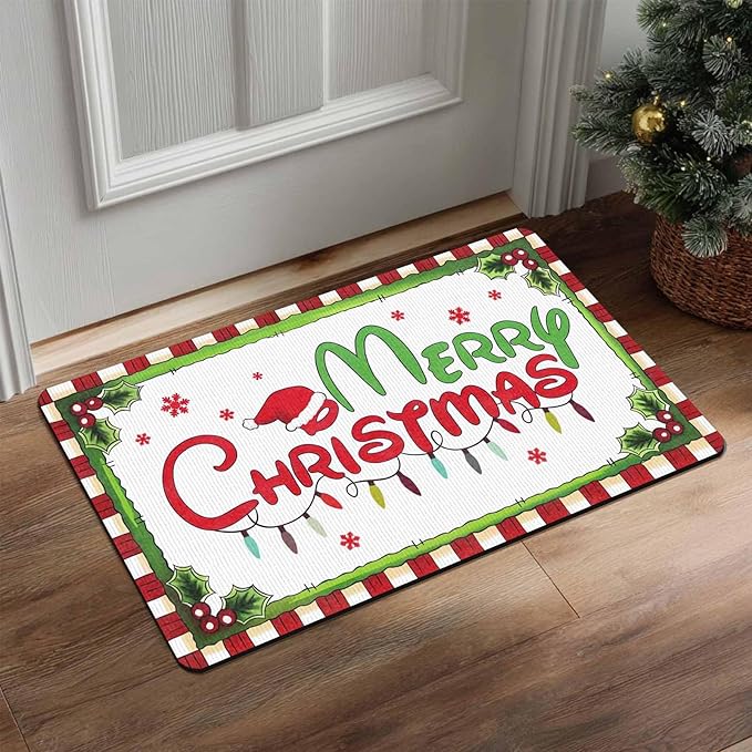 Christmas Door Mat Outdoor, Merry Christmas Plaid Hat Light Snowflakes Welcome Mats for Front Door Holiday Doormat Indoor Entryway Floor Rug for Entrance Outside Home, 16" x 24" Inch