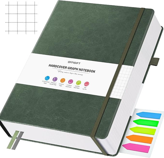 Graph Paper Notebook, 312 Numbered Pages B5 Hardcover Leather Journal, 100gsm No Bleed Grid Paper Notebook with Index Pages, Grid Notebook for Graphing Notes Math, 7.6'' X 10'', Green