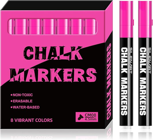 SILENART Chalk Markers Pink 8 Pack - Vibrant Chalkboard Marker for Blackboard Dry Erase Board Windows Glass Mirror Menu Board