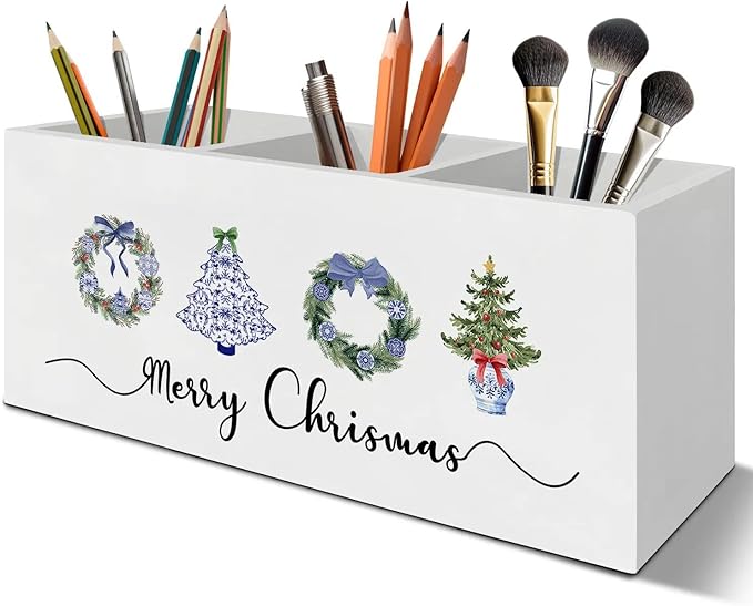 Chinoiserie Christmas Pen Pencil Holder Organizer for Desk Accessories, Christmas Office Decor, Coquette Blue Xmas Tree Wreath Wooden Box Signs Decorations for Home Office Desk Tabletop