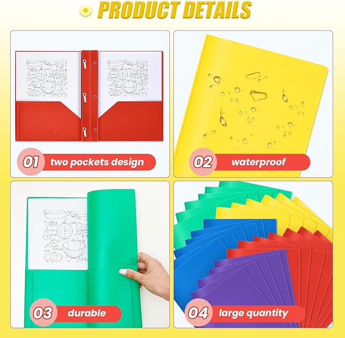 Yeaqee 30 Pcs Plastic Folders with Pockets and Prong Plastic Folders with 2 Pockets Pocket for Office, School for Students, Teachers, Office Workers (Multicolor)