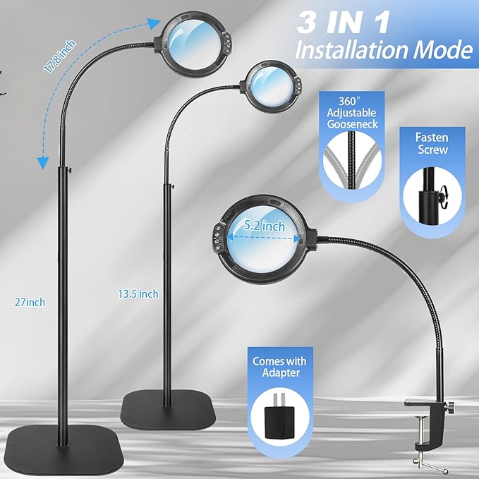 12X Floor Magnifying Glass with Light and Stand, Large Magnifier Hands Free with 5 Color Modes Stepless Dimmable, Flexible Gooseneck Floor Lamp for Close Work, Reading Sewing