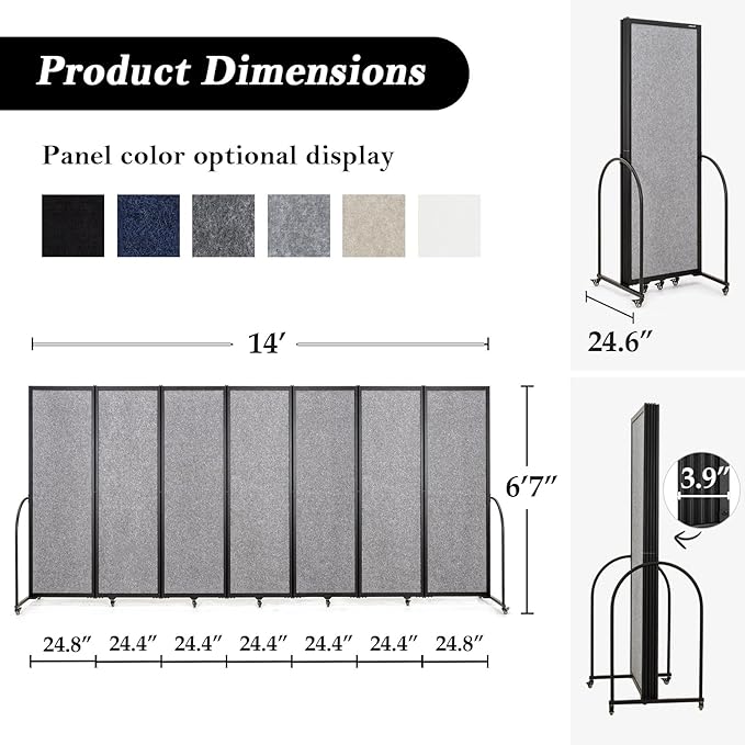 Folding Room Partition,Privacy Room Screen with Arms,Office Dividers Partition Wall,14'3"L* 6'7"H,Light Grey
