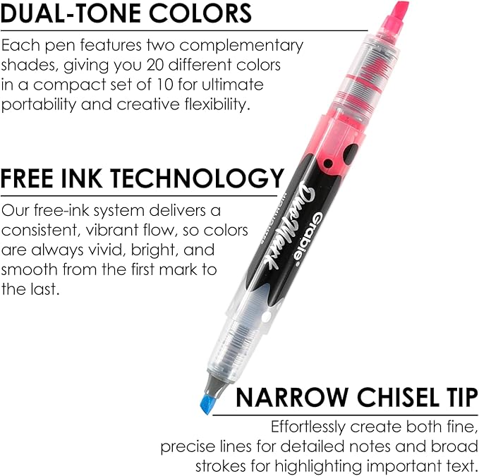 Grabie 20 Dual Tip Colors Highlighters, DuoMark Highlighter Set of 10, Dual Tone Highlighters Assorted Colors, Versatile Chisel Tip, Highlighter Markers, Note-taking