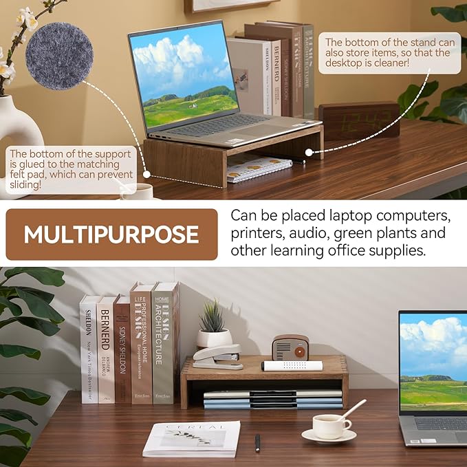 KIRIGEN Monitor Stand Wooden - Desk Stand Wood for Computer/Laptop/TV Printer - Monitor Arms & Stands Desk Riser for Office Desktop Workspace Organizers Platforms Stands (39,Dark Brown)