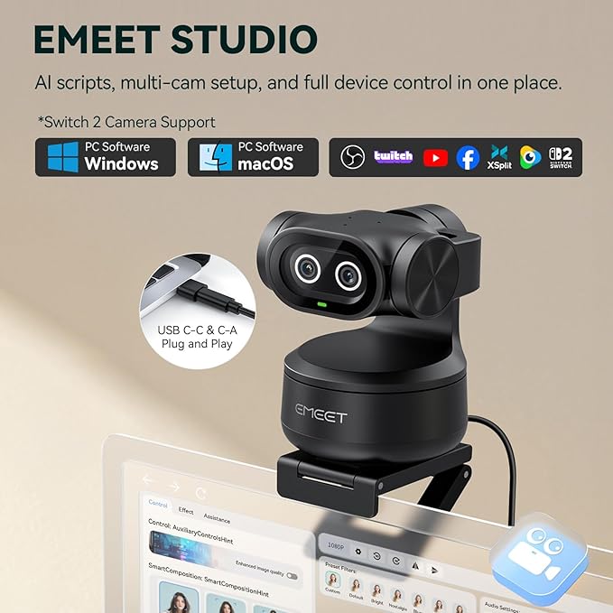 EMEET PIXY Dual-Camera AI-Powered PTZ Camera 4K, AI Tracking, PDAF&AI Autofocus 0.2s, 1/2.55'' Sony Sensor, 3 Mics, Presets, Gesture Control, 4K Webcam for Streaming and OBS/Twitch/Switch 2 Compatible
