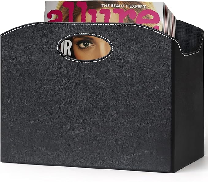 EZDeco Magazine Holder Foldable Magazine Rack Floor PU Leather File Holder Newspaper Book Storage Basket Document File Folder Organizer for Office Home