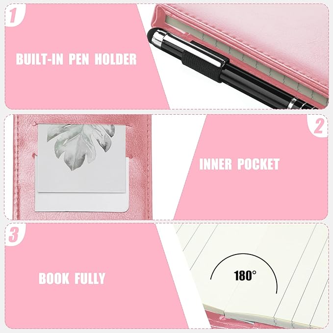 Outus 10 Pcs Pocket Notebook with Pen Set Included Mini Pocket Notepad Holder with 50 Lined Sheets, Metal Pen, 8 Pcs 3 x 5 Inch Memo Book Refills, 30 Lined Paper Per Note Pad (Pink)