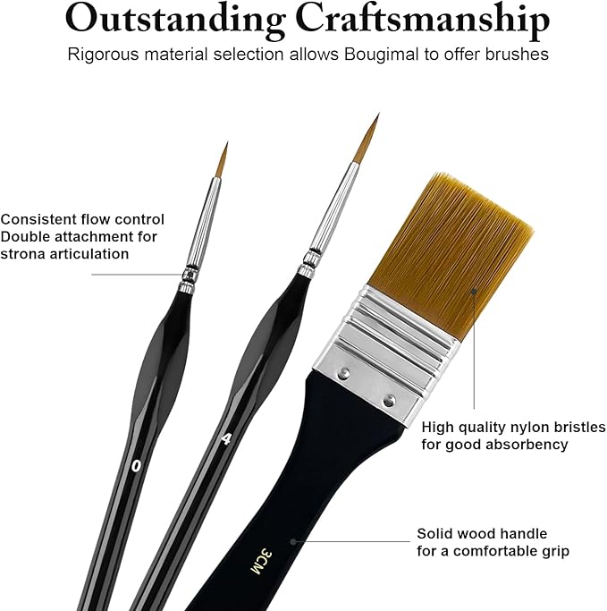 Bougimal 28 Pcs Paint Brushes for Acrylic Painting, Premium Nylon Bristles with Round, Filbert, Flat, Fan, Angle, Fine Detail Brush, Paint Brush Set for Acrylic, Oil, Watercolor