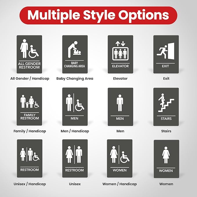 Promot Men and Women Handicap Restroom Sign – ADA Braille Bathroom Sign for Business, Self-Adhesive, 9" x 6", Commercial Door Signage, Office Wall Decor - Grey