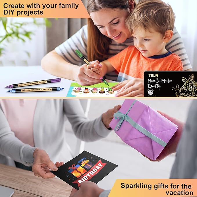 Metallic Marker Pens, 30 Colors Dual Tip Acrylic Paint Pens for Black Paper, Scrapbooking, Photo Album, Rock Painting, Paint Marker for DIY Arts & Crafts, Glass, Wood, Card Making, Scrapbook Supplies