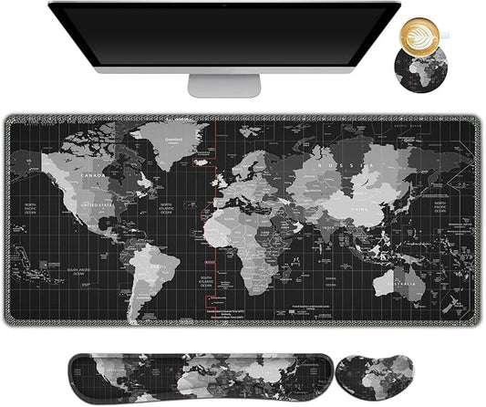 AIMSA Large Gaming Mouse Pad Set, Keyboard Wrist Rest Support Mouse Pad, Ergonomic Memory Foam Multifunctional Extended Desk Mat 35x15.7in Anti-Slip Rubber Base for Office Home, Black World Map