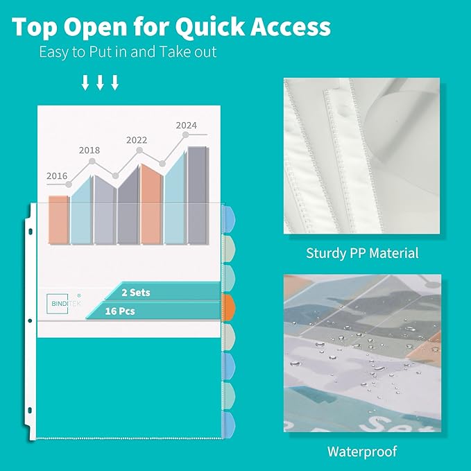 Binditek 16 Pack Heavyduty Clear Sheet Protectors with 8 Tabs, Sturdy Binder Sheet Protectors for 3 Ring Binder Letter Size, Multicolor Tabs, 8.5 x 11 Inches, Polypropylene, 2 Set, Label Sticker