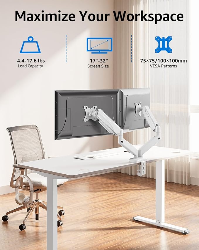 MOUNTUP Dual Monitor Stand for Desk, Gas Spring Monitor Arms for 2 Monitors Max 32 Inches, Height Adjustable Double Monitor Mount, VESA Mount with C-Clamp & Grommet Base, Holds 4.4-17.6lbs, White