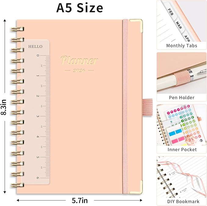 AHGXG 2026 Planner, Weekly and Monthly, 2026 Calendar, Jan 2026 - Dec 2026, Hardcover with Monthly Tabs, 100 GSM Thick Paper, for Women School Home Office Supplies, 6" X 8.38", Pink