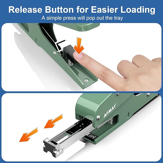 AFMAT Effortless Plier Stapler, Metal 30 Sheet Stapling Plier, 15000+ Stapling Times, with Staples & Reload Button, Handheld Stapler Heavy Duty, Space Save Size, Good for Office, Home, School, Green