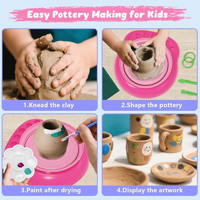 TingingYuli Pottery Wheel for Kids,Complete Pottery Kit and Tools for Beginners,Arts and Crafts Toys for Kids Ages 8-12,Art Supplies Birthday Gifts for Boy Girl Age 6 7 8 9 10 11 12 (Rose)