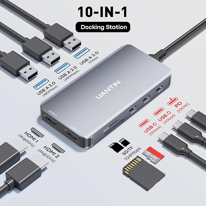 USB C Docking Station Dual Monitor with 2 HDMI, 10-in-1 Laptop Docking Station with 4K@30Hz HDMI, USB C & USB A 3.0, SD/Micro SD, 100W PD, USBC Dock for Dell XPS/HP/Lenovo/Mac/Surface etc