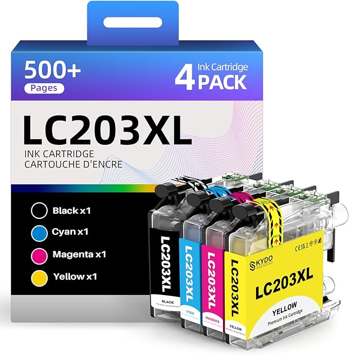 LC203XL Ink Cartridges 4 Pack Replacement for LC203 XL LC 203 Color Inks Use for MFC-J480DW MFC-J4420DW MFC-J880DW MFC-J885DW MFC-J680DW (BK/C/M/Y)
