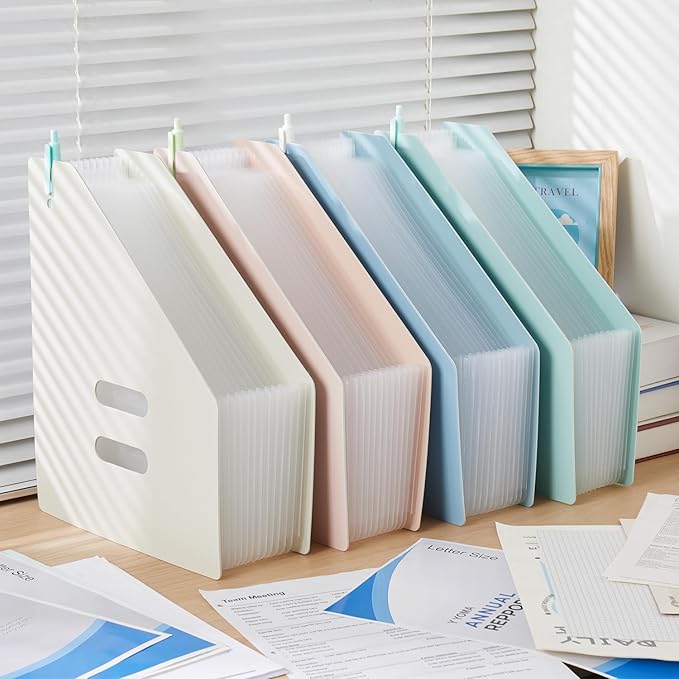 Y YOMA 2 Pack Expanding Magazine Holder with 13 Pockets | Portable Desktop Plastic Self Standing Accordion File Organizer for A4 Letter Size Document Storage Home Office School, Mint Green