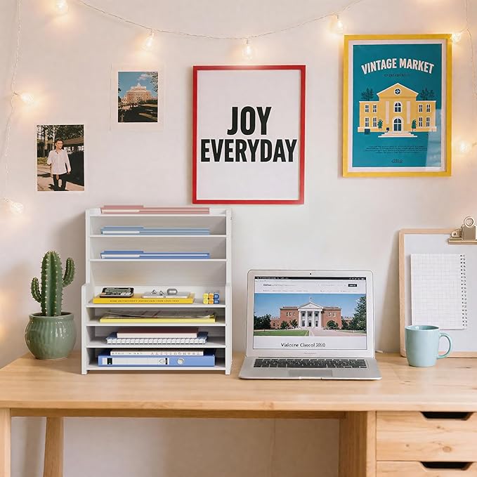 Wood Office Desk File Organizer - 7 Tier Desk Top Storage Shelf Stationary Workspace Organization Small Wooden Desktop Paper Tray,White