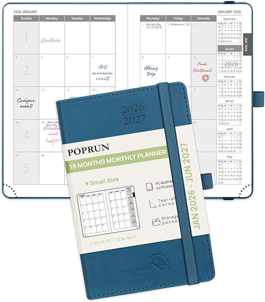POPRUN Pocket Monthly Planner 2026-2027 (Pocket- 4''x 6.25'' Soft Leather Cover) - 18 Month Calendar Book for Purse (Jan.2026 - Jun. 2027), 100 GSM Thick Paper - Night Sky Blue