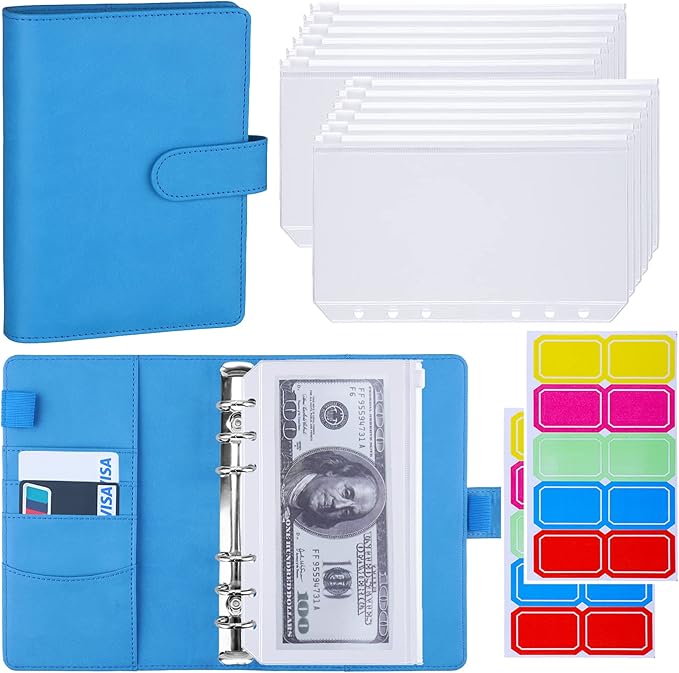 Antner A6 Budget Binder with Zipper Cash Envelopes for Money Organizer & Budgeting, PU Leather Budget Planner Money Saving Binder with Cash Stuffing Envelopes & Labels for Home Office Travel, Sky Blue