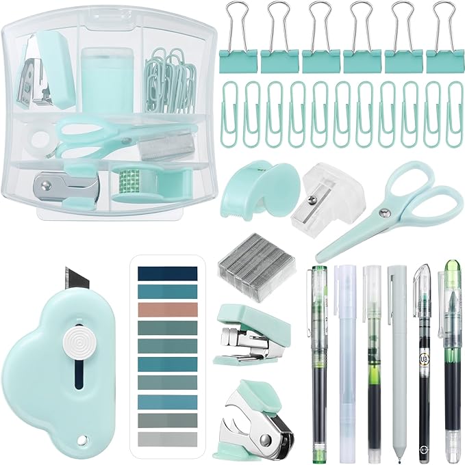 Colarr Mini Office Supply Kit Includes Stapler Tape Dispenser Staple Remover Paper Clips Scissor Staples Pen Sharpener Note Small Telescopic Knife for Office and School Clerk Student (Green)