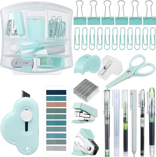 Colarr Mini Office Supply Kit Includes Stapler Tape Dispenser Staple Remover Paper Clips Scissor Staples Pen Sharpener Note Small Telescopic Knife for Office and School Clerk Student (Green)