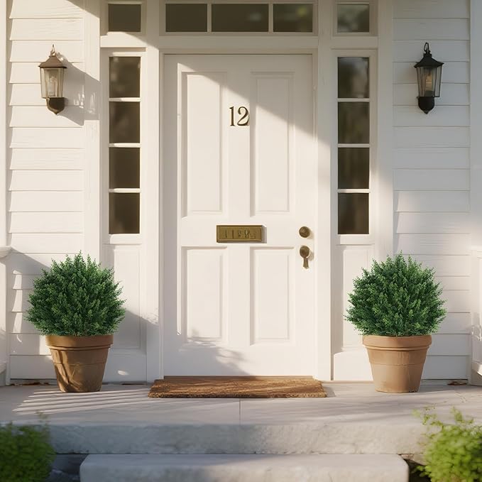 Artificial Set of 2 Cedar Topiary Ball Trees 23" for Outdoors with Ground Spike, UV Resistant Faux Cypress Plants, Evergreen Shrubs Bushes for Front Porch Garden Backyard Decor