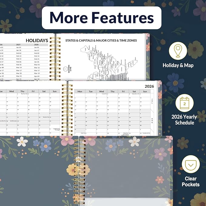 SUNEE 2026 Weekly and Monthly Planner - from January 2026 - December 2026, 8.5"x11" Daily Agenda Planner with Monthly Tab, Flexible Cover, Note Pages, Pockets, Bookmark, Spiral Binding, Navy Flower