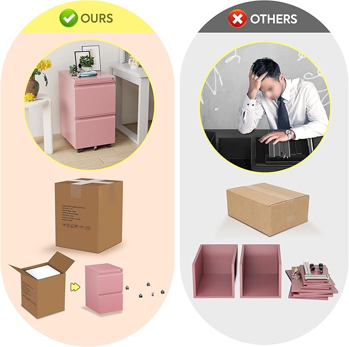 Aobabo Metal 2 Drawer Office File Cabinet with Lock, Under Desk Office Steel Files Cabinet on Wheels, 25.6''H Legal/Letter A4 Size, Fully Assembled Except Wheels,Pink