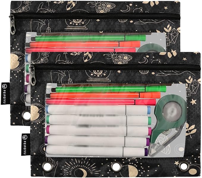 ZAZYXTJ Personalized Bohemia Boho Binder Pencil Pouchs 3 Ring with Zipper Clear Window Office Organizers bag for School Students Teacher Supplies 2 Pack