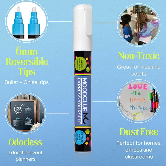 Liquid chalk markers erasable. 6 neon dry & wet erase marker pens for windows, mirrors, whiteboards, chalkboards, glass boards, auto windshields. Reversible thick and thin tip. Washable