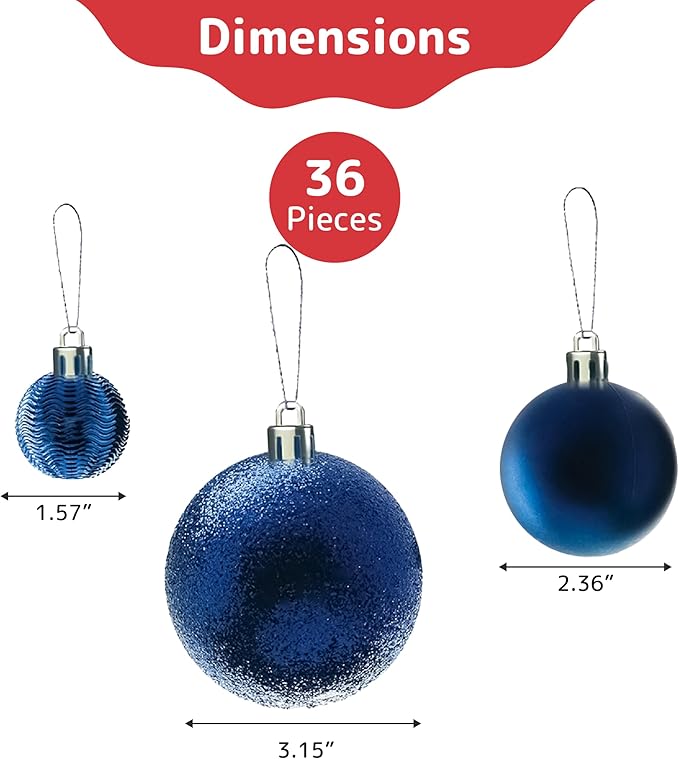 PREXTEX 36 Piece Blue Christmas Ornaments Set with Hanging Loops - Durable, Shatterproof Christmas Balls in 3 Sizes and 6 Styles - Midnight Blue Xmas Decorations for Trees, Wreaths, and Holiday Decor