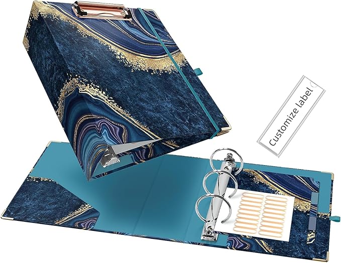 Ospelelf Mini 3-Ring Binder, 2-Inch, Cute for 5.5" x 8.5" with 5 Tab Dividers, File Folder Labels and Low Profile Clipboards, Blue Marble for School and Office