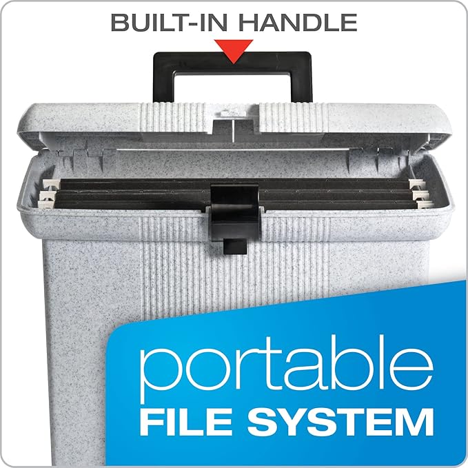 Pendaflex Portable File Box with File Rails, Hinged Lid with Double Latch Closure, Granite, 3 Black Letter Size Hanging Folders Included (41737AMZ)