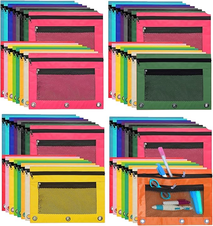 64 Pcs Pencil Pouch for 3 Ring Binder 16 Colors Zippered Pencil Pouch Bags Bulk Binder Pencil Case with Clear Window for Classroom School and Office